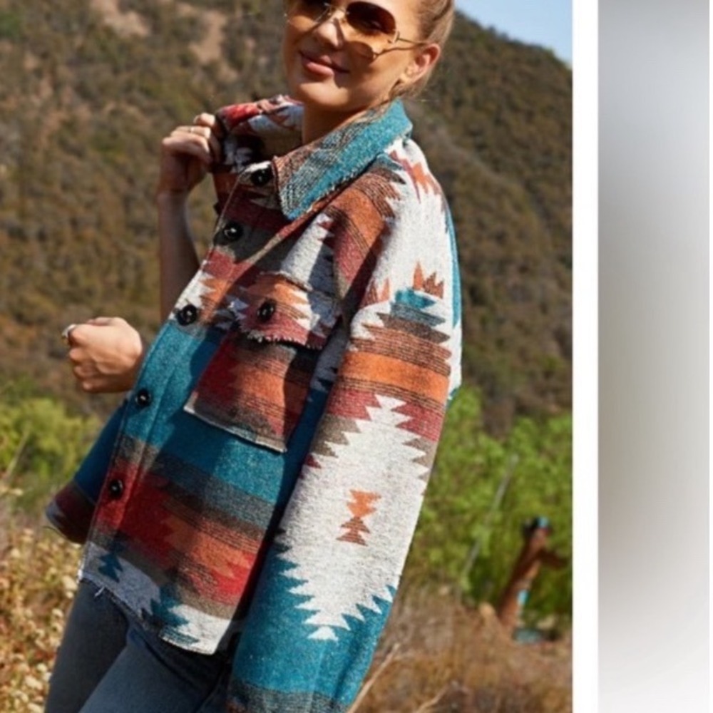 La Miel Women Aztec Print Shacket Teal Rust Western Boho Oversized Jacket L NEW